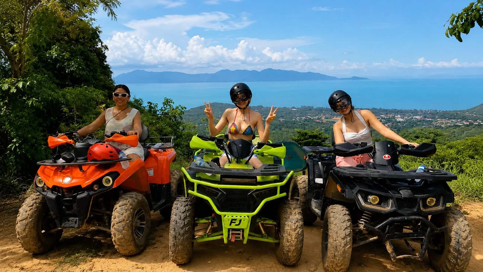 Three riders on quads at a Koh Samui sea viewpoint, Green Mountain, Koh Samui ATV tours