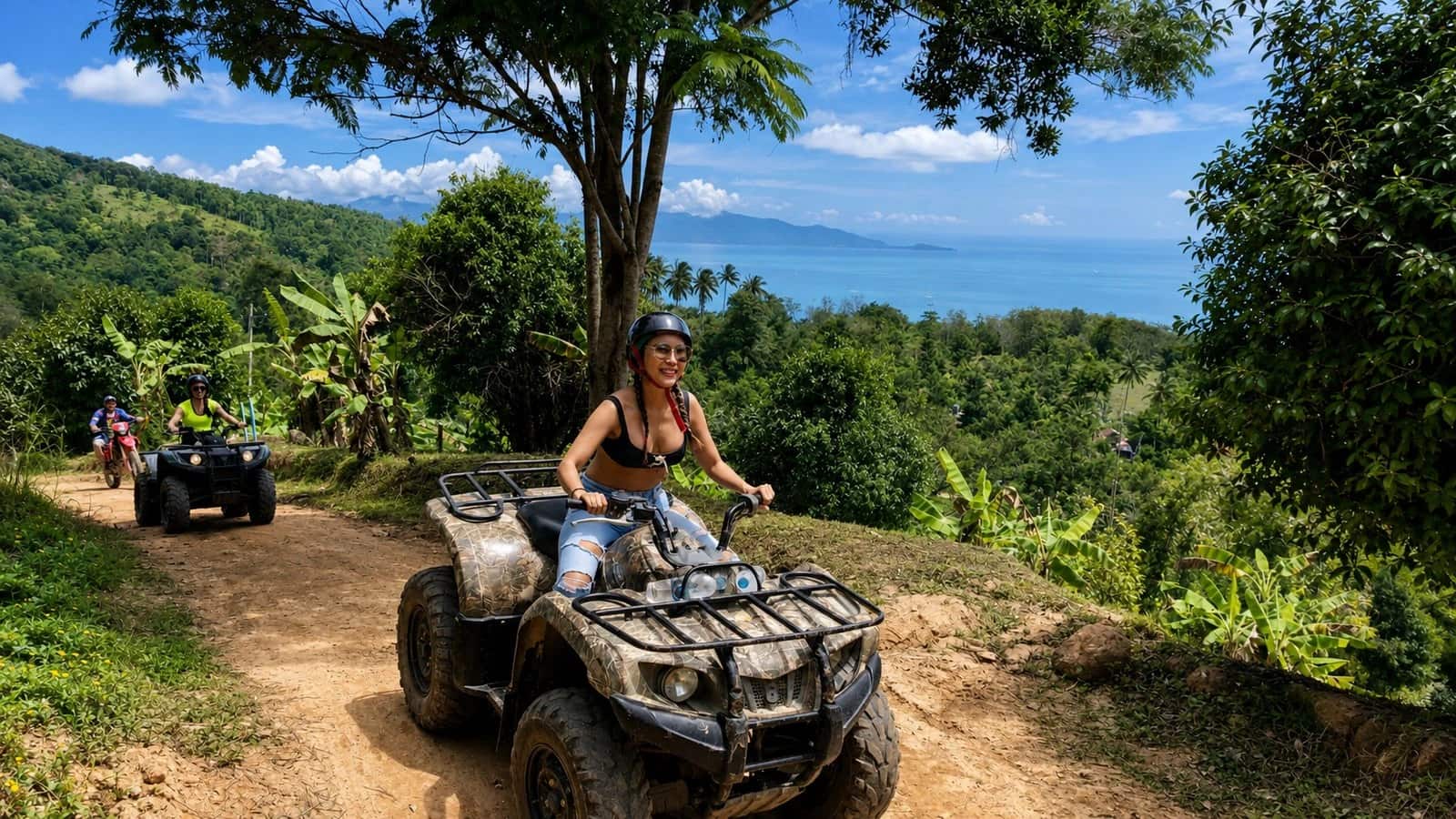 Riders on quads on a jungle trail above the sea, X-Quad Samui, Koh Samui ATV tours
