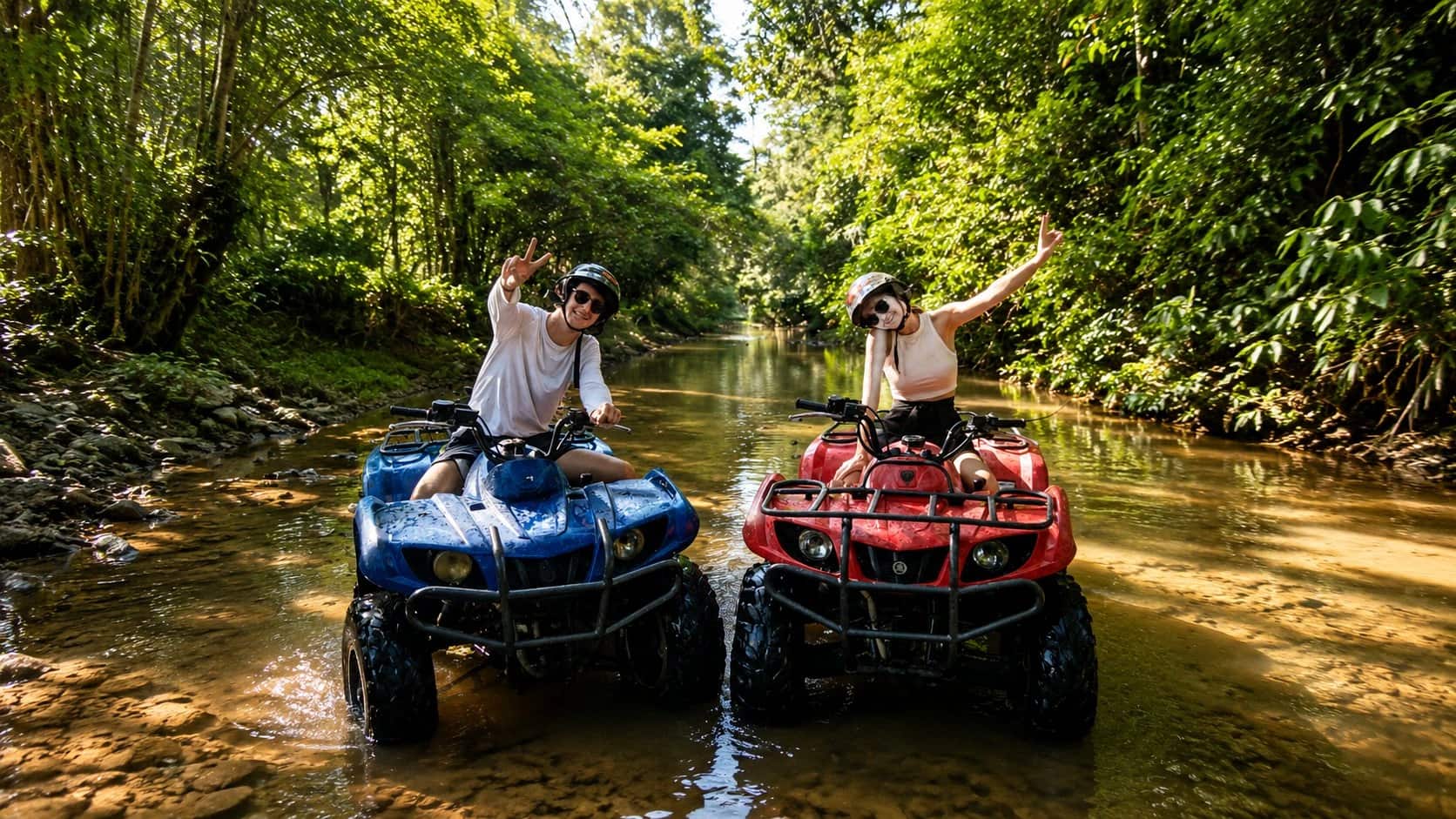 Two riders crossing a jungle river on quad bikes, Samui Quad Motor, Koh Samui ATV tours