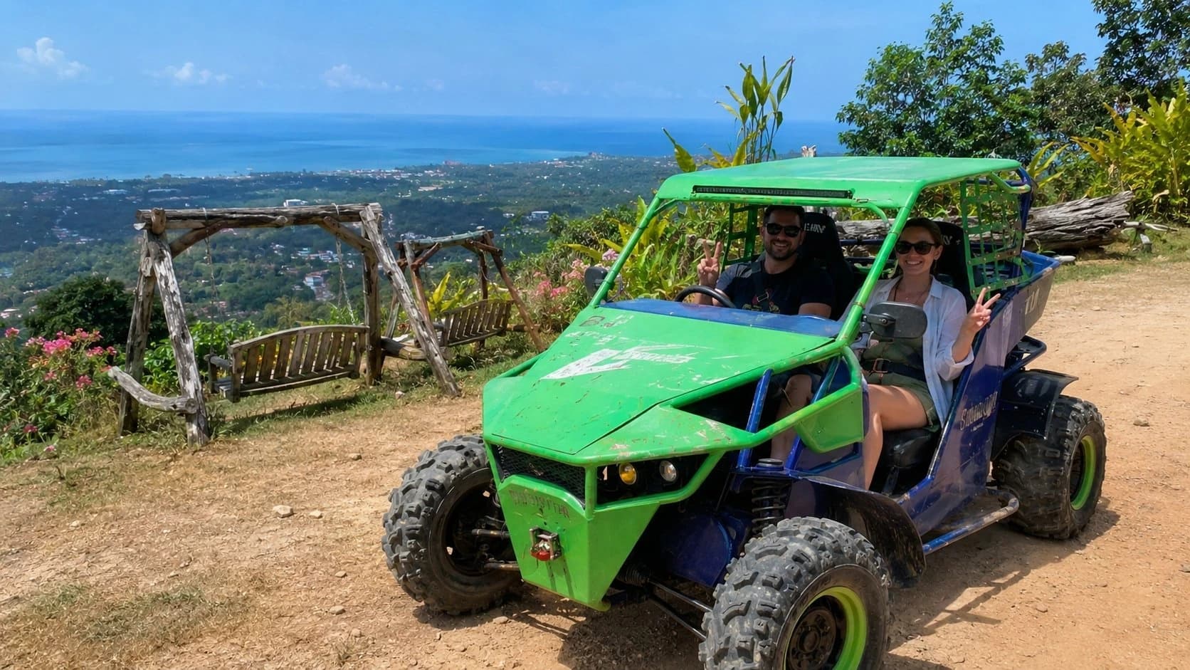 Couple in a green side-by-side buggy at a Koh Samui viewpoint over the coast, ATV vs buggy