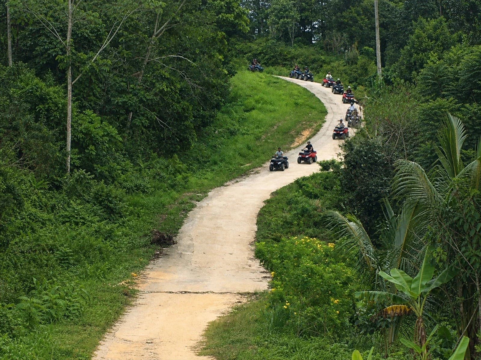 Samui X-Treme ATV convoy winding down a concrete road through the Koh Samui jungle